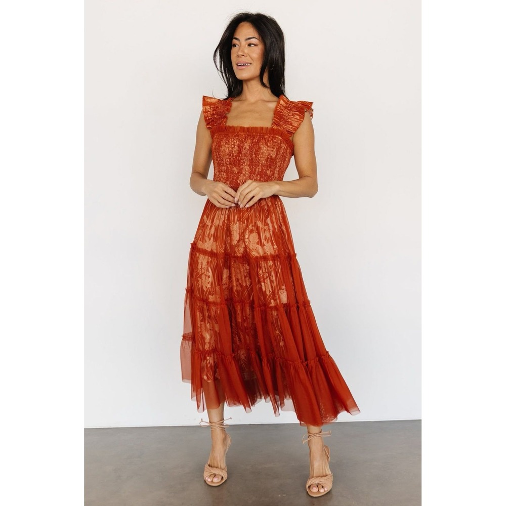Baltic Born Rust Floral Mesh Tiered Smocked Midi Tulle Dress LD1345BB Small